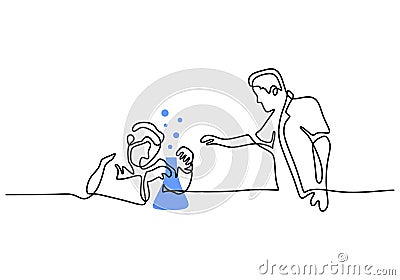 Continuous single drawn one line scientist researcher professor and a student doing experiment in laboratory. The concept of Vector Illustration