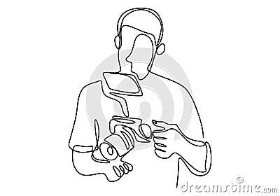 Continuous single drawn one line of senior cameraman. Professional a videographer is preparing and checking the camera before Vector Illustration