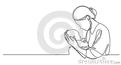 single line drawing of mother caressing baby Vector Illustration