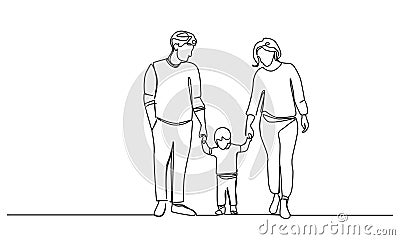 single line drawing of parents walking with child in middle Vector Illustration
