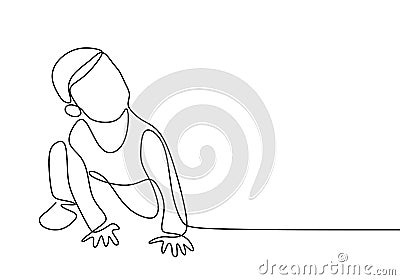 Continuous single line drawing of pretty baby in crawling. Cute baby boy learn to crawl on the floor isolated on white background Vector Illustration