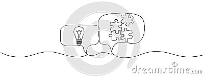 Continuous single-line lamp drawing, puzzles in speech bubbles. Teamwork concepts, strategies in minimal linear style. Vector Cartoon Illustration