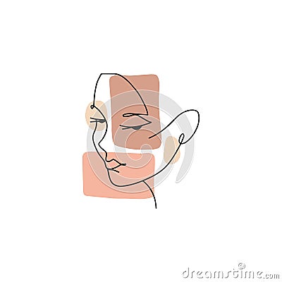 Continuous single line woman face portrait in minimalist boho style. Abstract lineart girl beauty. Modern linear lady Vector Illustration