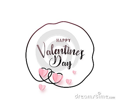 Continuous uneven sketch line heart round shape frame with realistic paper heart and greeting happy valentine day text Vector Illustration