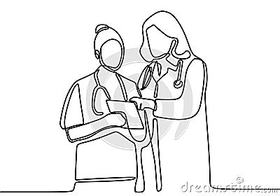 Continuous vector line drawing of doctor and nurse. Doctors discuss with nurses about the patient`s medical history. Character Vector Illustration