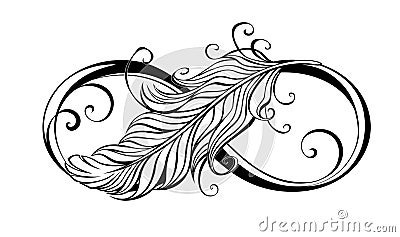 Infinity symbol with feather on white background Vector Illustration