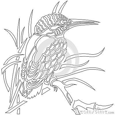 Contour bird Kingfisher sitting in the reeds anti-stress coloring drawn by various lines in a flat style. Sketch for tattoo Cartoon Illustration