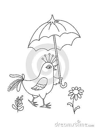 Contour bird with an umbrella for coloring, children`s illustration, computer graphics Cartoon Illustration