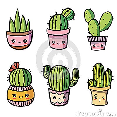 Contour cactus and succulent plant in flower pot on black background Stock Photo