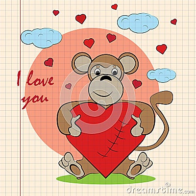 Contour color childrens illustration little monkey hugs heart with I love you drawn on a notebook in the box Vector Illustration