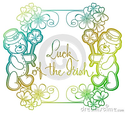 Contour color gradient frame with shamrock, teddy bear. Raster Stock Photo