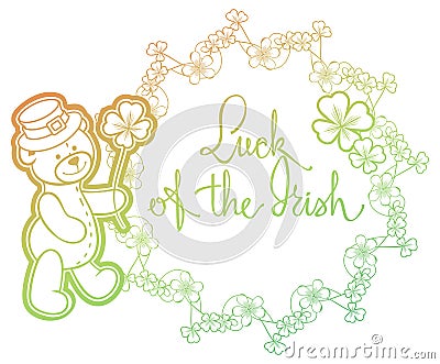 Contour color gradient frame with shamrock, teddy bear. Raster Stock Photo
