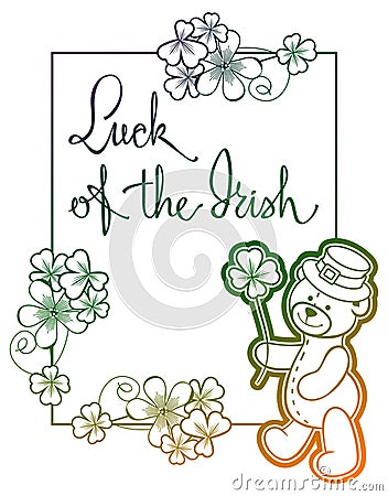 Contour color gradient frame with shamrock, teddy bear. Raster Stock Photo
