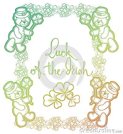 Contour color gradient frame with shamrock, teddy bear. Raster Stock Photo