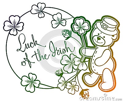 Contour color gradient frame with shamrock, teddy bear. Raster clip art. Stock Photo