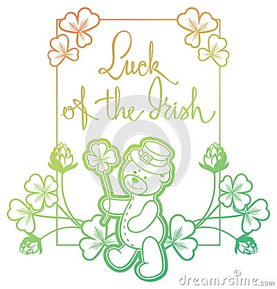 Contour color gradient frame with shamrock, teddy bear. Raster clip art. Stock Photo