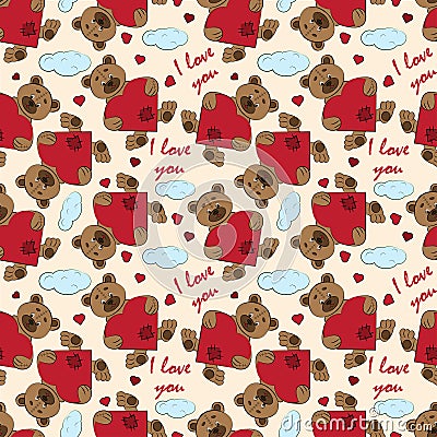 Contour color seamless childrens illustration little bear hugs heart with I love you Vector Illustration