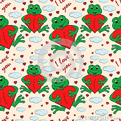 Contour color seamless childrens illustration little frog hugs heart with I love you Vector Illustration