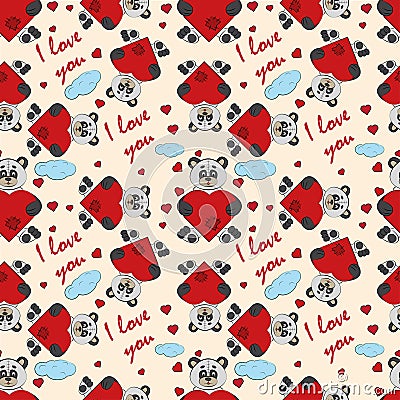 Contour color seamless childrens illustration little Panda hugs heart with I love you drawn on a notebook in the box Vector Illustration