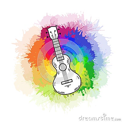 Contour color ukulele on rainbow watercolor splashes. Hawaiian music. Musical string instrument. Vector outline element Vector Illustration