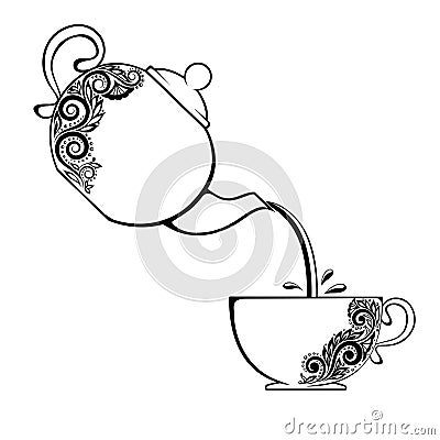 The contour of Cup and teapot with floral element. Vector Illustration