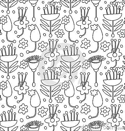 Contour decorative seamless pattern with leaves and flowers for coloring book. Vector Illustration