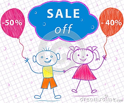 Contour drawing of boy, girl. Sale off. Stock Photo