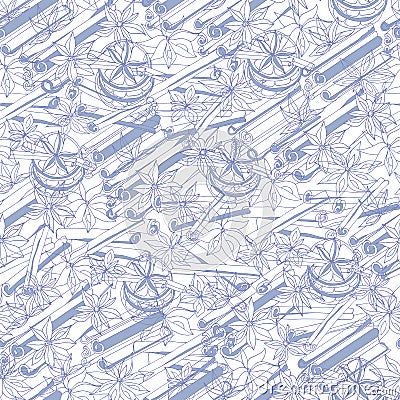 Contour drawing of spices cinnamon and anise, seamless blue texture on a white background for your design menu, cafe, paper for Vector Illustration