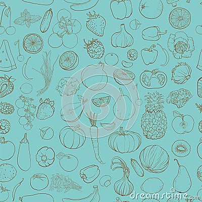 contour drawing of vegetables, fruits, berries Vector Illustration