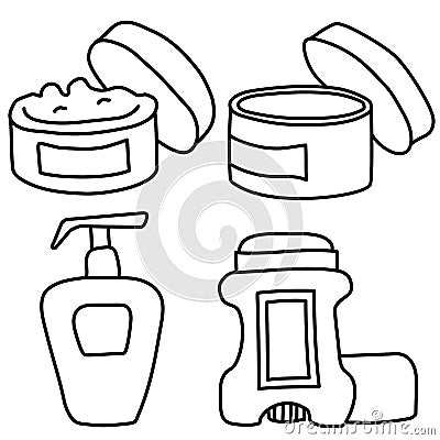 Contour drawings of cosmetics for the body. Cream, jar with an open skin care product, tonic and deodorant. Line vector Vector Illustration