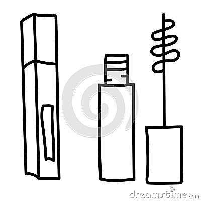 Contour drawings of decorative cosmetics. Mascara for eyes. Closed and open packaging. Sign and line vector symbol. Vector Illustration