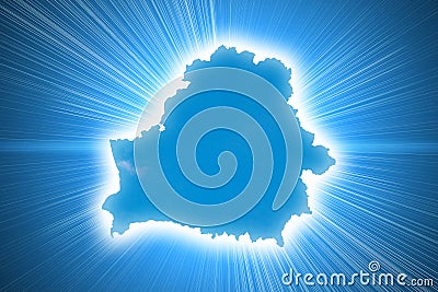 Contour electronic map of Belarus in the rays on a blue background. Glowing clear borders of the country of the Stock Photo