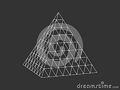 Contour geometric grid pyramid. White 3d triangle on black space with mathematical digital network tracery. Vector Illustration