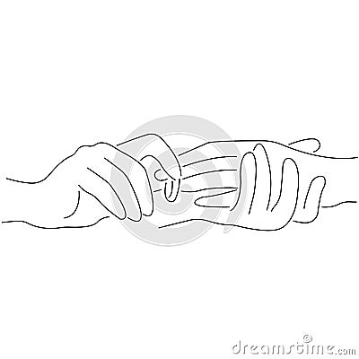 Contour gesture hands the groom putting a wedding ring on the brideâ€™s finger. Wedding ceremony. The concept of participation Cartoon Illustration