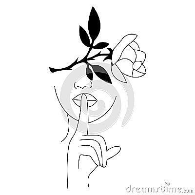 Contour of the girl with a hand gesture shows quieter, instead of the eyes of a rose. Minimalism Stock Photo