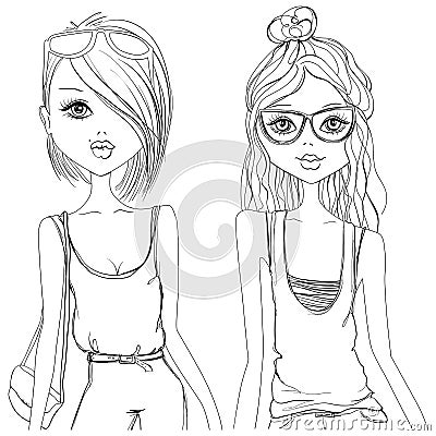 Contour girl in sketch style Cartoon Illustration