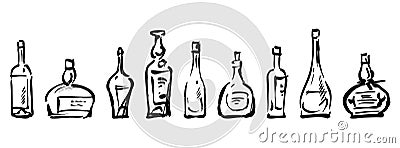 Contour hand drawings of set different wine bottles, vector sketches isolated on white Vector Illustration