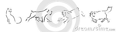 Contour of hand drawn cat and dogs. Vector imperfect illustration. Black outline of animal on white background. Doodle image. Ske Vector Illustration