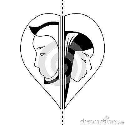 Minimalistic black and white couple profile in contour heart Vector Illustration