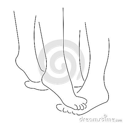 The contour of human legs, female feet are standing on male legs in the style of minimalism on a white isolated background Stock Photo