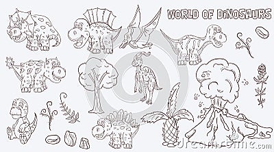 Contour illustration coloring of small dinosaurs and trees, plants, stones, for design in the style of Doodle Vector Illustration