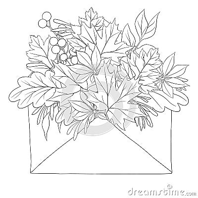 Contour illustration of an envelope with autumn leaves for books, coloring pages. Vector drawing Vector Illustration