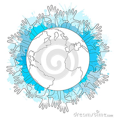 Contour illustration of planet earth, human hands Vector Illustration