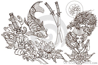 Contour image of asian woman in a kimono and dragon. Beautiful template for posters or leaflets with a girl samurai. A Vector Illustration