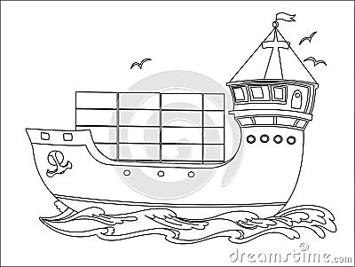 Contour image of a cargo ship for coloring books Vector Illustration