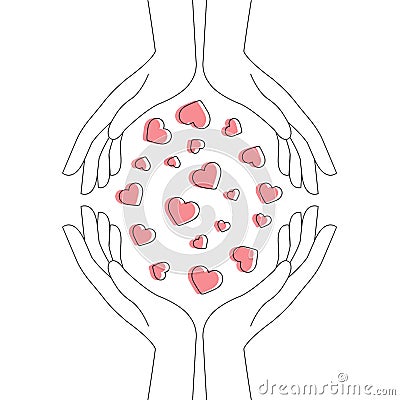 A contour image of the hands surrounds an armful of hearts. Vector Illustration