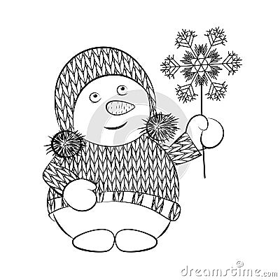 Contour image of a snowman in a knitted sweater. Vector Illustration