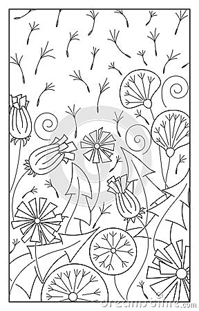Contour line art, hand drawing. Blooming dandelions flying down from the wind Vector Illustration