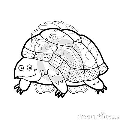 Contour linear illustration with animal for coloring book. Cute turtle, anti stress picture. Line art design for adult or kids in Vector Illustration