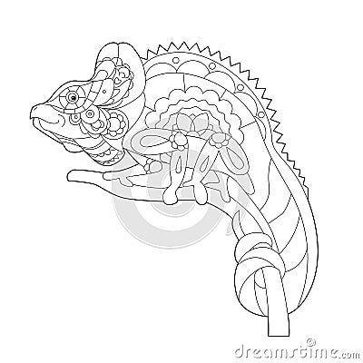 Contour linear illustration for coloring book with decorative chameleon. Beautiful reptile, anti stress picture. Line art design Vector Illustration